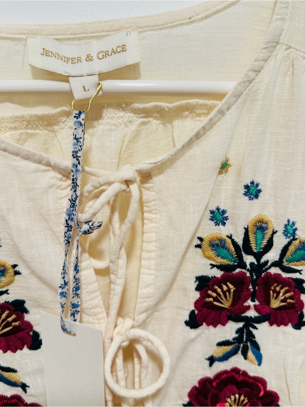 Jennifer & Grace Cream Embroidered Tie-Front Blouse - Picture 3 of 11